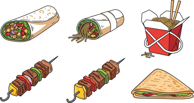 Assorted international street food and snacks illustration Vector