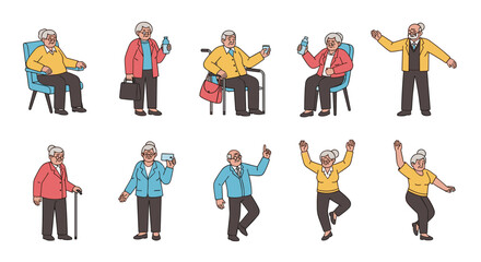Naklejka premium Diverse set of poses shows an elderly man and woman enjoying life by sitting, walking with a cane, holding items, and dancing happily.