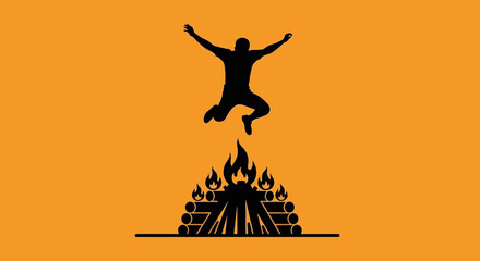 Silhouette of person jumping over campfire, celebrating freedom and adventure © Sego