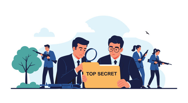 Secret agents in suits examine a folder marked top secret with a magnifying glass while others stand guard with rifles behind them.