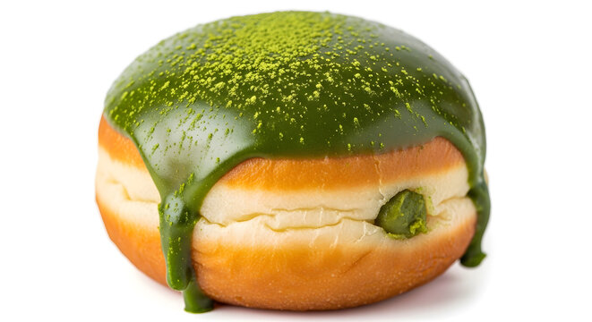 Japanese matcha flavored Paczki donut from Poland, with its creamy glaze dripping laying on white background