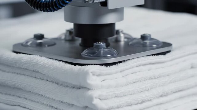 Industrial vacuum suction device lifts stacked white towels in a clean, modern workspace with soft lighting and a focus on the suction mechanism and towel texture