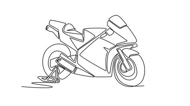 Self drawing animation single line draw high-performance sport motorcycle on paddock stand. Aerodynamic fairing, professional track racing and automotive speed. Continuous line. Full length animated