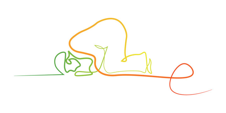 Abstract continuous gradient line art illustration of a person bowing in prayer meditation humility