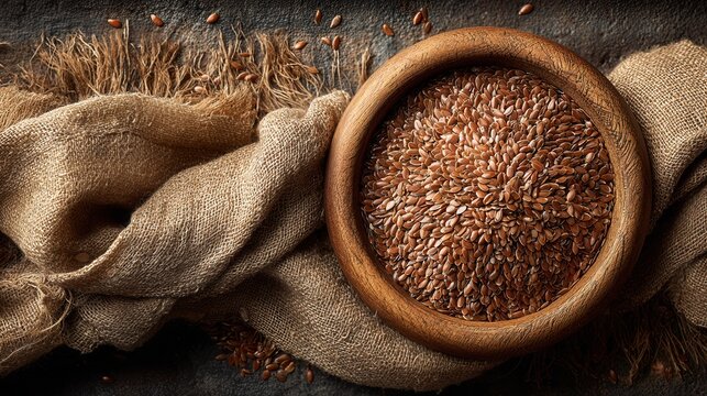 organic flax seeds in a rustic wooden bowl on a wooden table with a soft cloth and warm natural light, cozy and natural food composition 