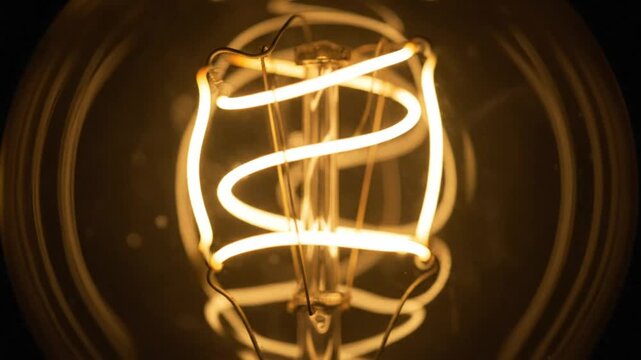 Close up glowing vintage style filament bulb showing spiral shape and illumination, warm light against a dark backdrop