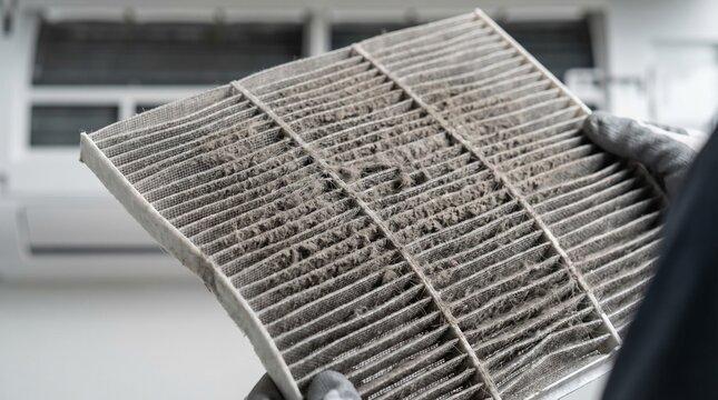掃除やメンテナンス・ハウスクリーニングの必要性を伝える、大量の埃で目詰まりしたフィルターのクローズアップ