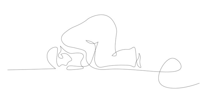Simple continuous one line drawing of a person prostrating in spiritual prayer or deep meditation vector graphic