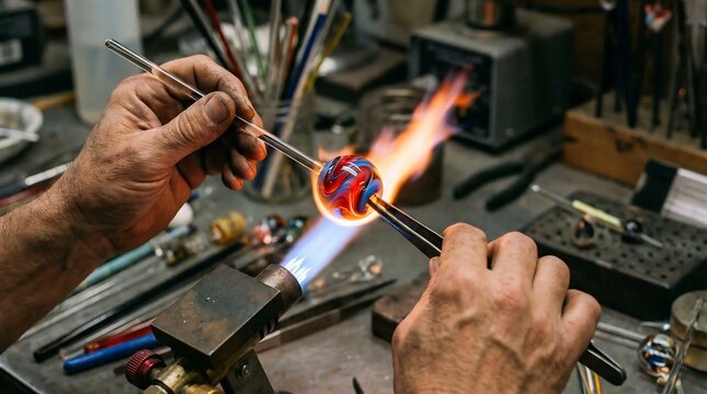 Skilled Artisan Shaping Molten Glass with a Torch in a Craft Workshop