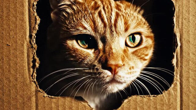 Ginger tabby cat peers out from cardboard box