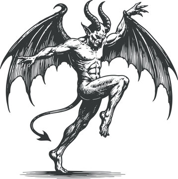 dancing devil with horns and tail, showcasing a mischievous and playful character sketch engraving generative ai fictional character Vector illustration