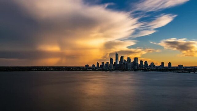 Time-lapse of dramatic clouds rolling over a city skyline at sunset creating a vibrant atmosphere and beautiful scene