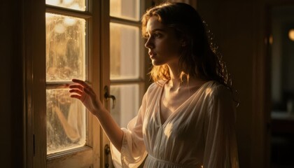 Fototapeta premium Young woman in white robe holding a cat by the window in warm evening light
