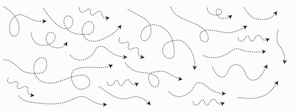 Hand drawn dotted arrows on white background. Single head and double head. Wave curve. Circle. Wave. Heart.