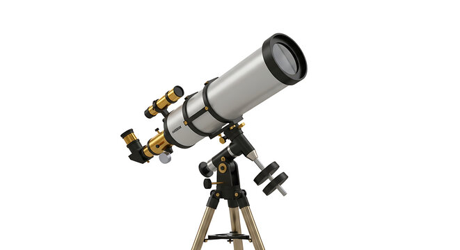 Isolated refractor telescope on tripod for stargazing and astronomy, science exploration, looking at stars, space, celestial objects