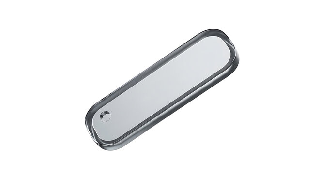 Isolated silver metallic oblong shape with ribbed edge, representing a tag or badge, clean and reflective surface