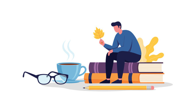 Miniature man holding yellow autumn leaf sitting on stack of giant books next to large cup of steaming coffee and glasses.