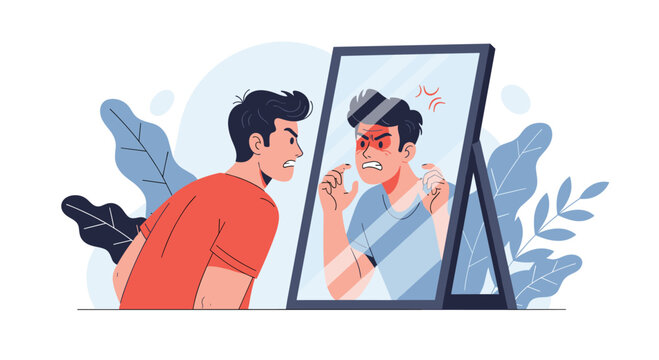 Man wearing orange shirt looking into mirror and seeing an angry version of himself with red face and frowning expression.