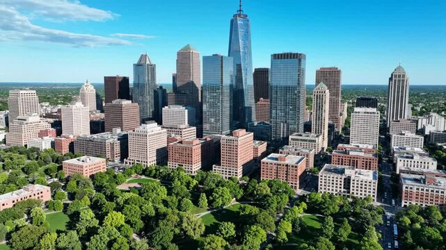 Aerial view of a vibrant cityscape with lush green trees, tall skyscrapers, and a clear blue sky
