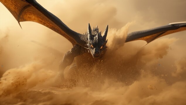 Dragon flying low over desert sand dunes with golden light representing fantasy creature power cinematic landscape and adventure concept