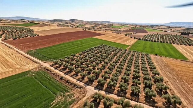 Aerial view of a patchwork landscape of cultivated fields with olive trees, crops, and rural areas