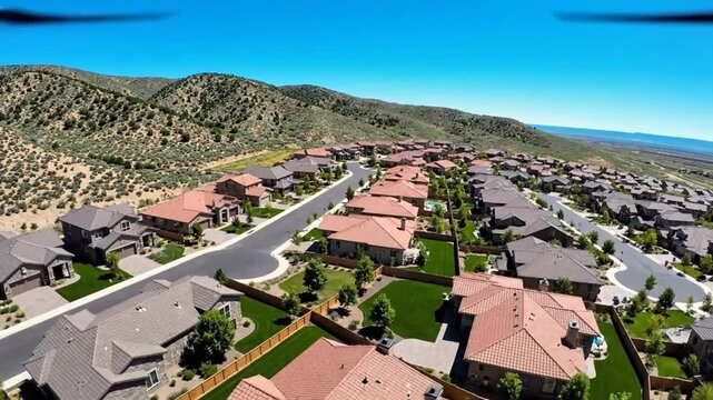 Aerial view of a suburban neighborhood in the desert landscape under a clear blue sky