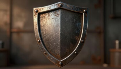 Fototapeta premium rustic metal shield emblem on aged brick wall with dramatic lighting