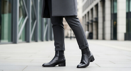 Fototapeta premium Detailed Shot of Person Wearing Black Leather Ankle Boots Walking on Pavement in Modern City Environment Fashionable Footwear