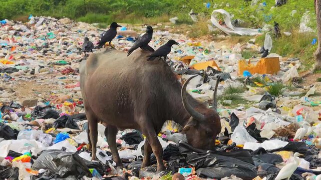 Cows eating garbage, Cows eating plastic, waste management crisis, cattle garbage dump, birds at landfill, garbage dump ecology, garbage contamination animals, crows eating birds garbage, food wastes.