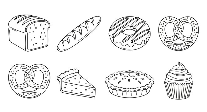 Bakery icons, food illustrations, bread and pastry set, vector graphics