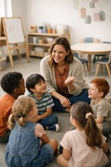Fototapeta premium Children learning with joyful teacher