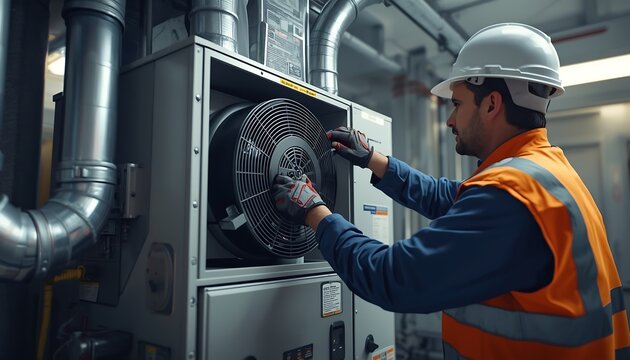 A safety-conscious industrial worker wearing a hard hat and vest is checking a large fan inside machinery.