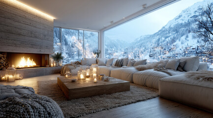 Obraz premium Cozy living room with large window mountain view fireplace soft sofa warm lighting winter wooden floor candle rug inviting