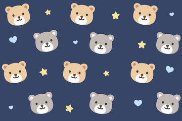 Obraz premium Cute bear seamless pattern. Cartoon bear with scattered stars and hearts on dark blue background. Cozy night theme. Seamless vector pattern.