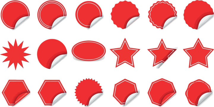Red Stickers with Different Shapes and Peel Effects for Marketing, Promotion, and Graphic Design  Stickers with Different Shapes and Peel Effects for Marketing, Promotion, and Graphic