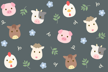 Fototapeta premium Farm animals seamless pattern. Cute faces of chicken, horse, cow, pig, sheep with leaves and flowers on dark grey background. Cozy farm style. Seamless vector pattern.