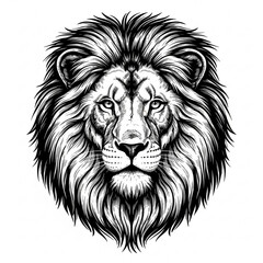Obraz premium A detailed black and white illustration of a lion's head with a majestic mane