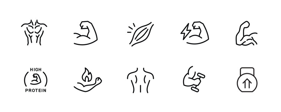 Muscle Icon Set, Fitness Bodybuilding Gym Workout Strength Training Strong Arm Biceps Sport Health icon, button, vector, sign, symbol, logo, illustration, editable stroke and flat design style isolate