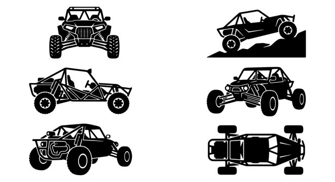 Off-road buggy silhouette collection, 6 extreme UTV and sand rail vector icons, black utility task vehicle set for desert racing and adventure sports