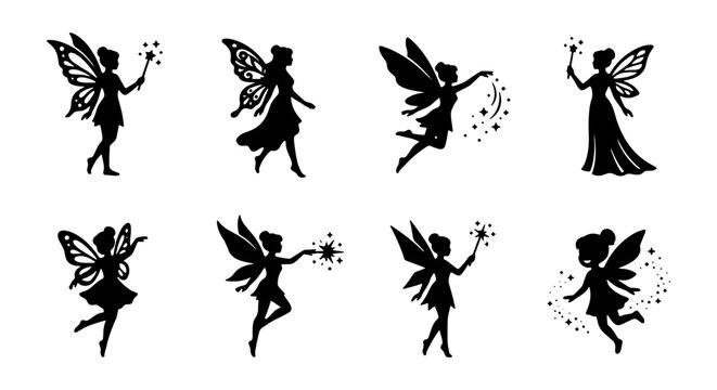 Magical fairy silhouette collection, 8 black mythical pixie vector elements, flying garden fairies with magic wands and butterfly wings for fantasy design