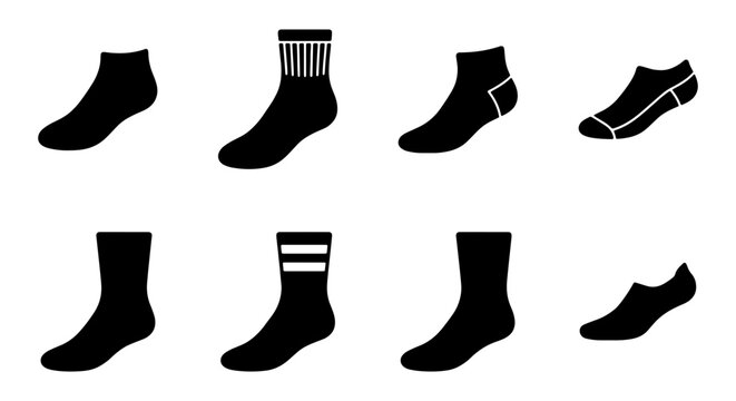 Minimalist black sock icon set, 8 vector garment silhouettes, athletic and casual hosiery collection for apparel retail and laundry apps