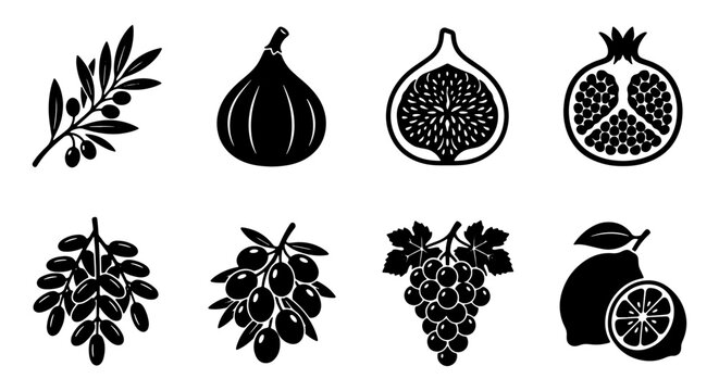 Mediterranean fruit icons set, black silhouette vector of olives, figs, pomegranate and grapes, organic food symbols for menu design