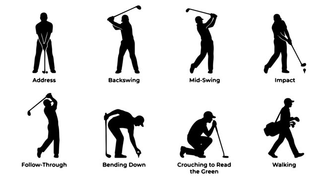 Golf player silhouette set, 8 black golfer icons showing swing stages and poses, professional golf instruction vector elements for sports design