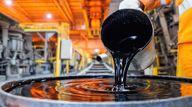 Pouring bitumen into a metallic barrel at an industrial plant 