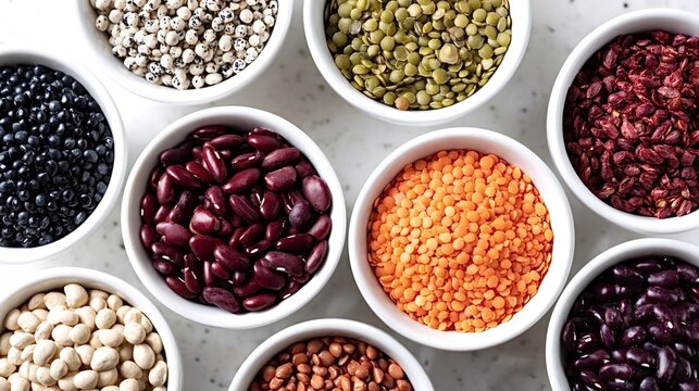 Colorful assortment of legumeslentils, chickpeas, black and kidney beansneatly arranged in white bowls on a clean background, highlighting plant based protein and pantry staples