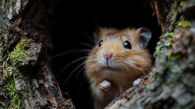 A curious field mouse peeks out from its cozy tree hollow home.