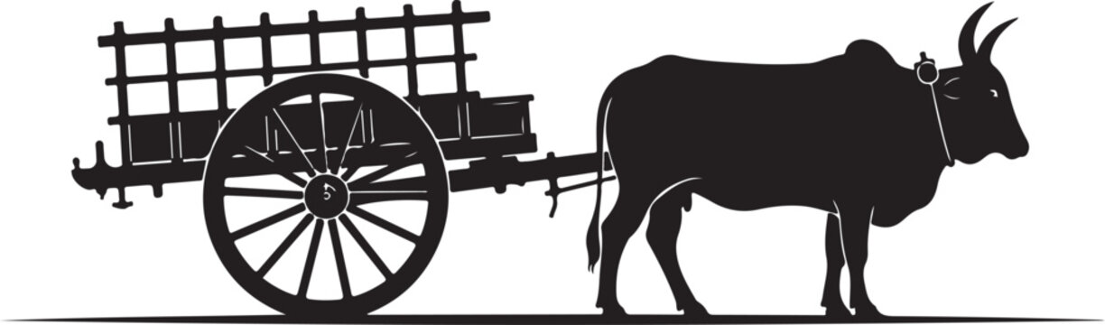 Black silhouette cow, ox cart, farm vehicle, rural icon