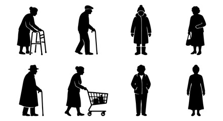 Elderly people silhouettes set, 8 senior citizens icons in black and white, retired men and women with walking cane and shopping cart vector © Imran