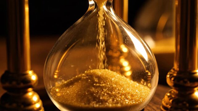 Golden sand flowing through an hourglass