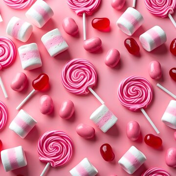 Colorful Pink Candy Assortment with Lollipops Jellybeans and Sweet Treats Background